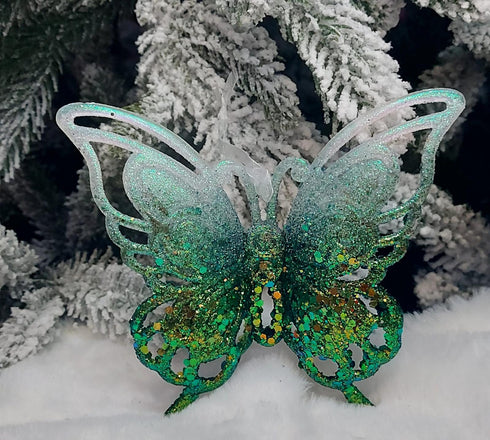 Fluturi decorativi verde cu sclipici – set 10 bucăți