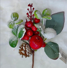 Crenguță artificială de Crăciun cu măr roșu, con și frunze cu zăpadă 10/set