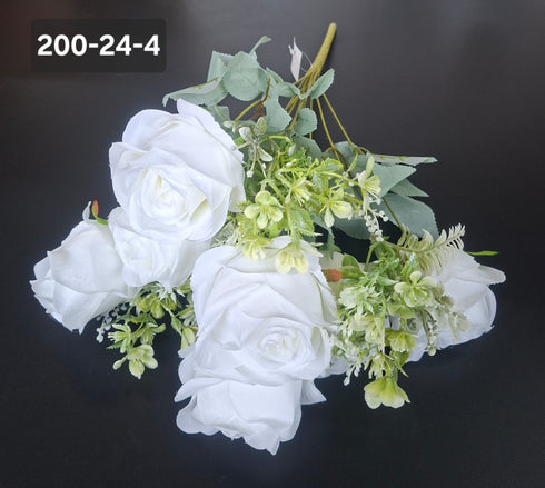 Buchet artificial 7 trandafiri albi, flori mari, decor elegant - 49cm