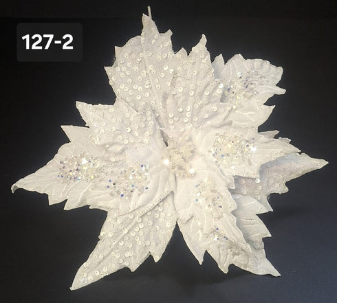 Floare de Crăciun decorativă albă cu paiete și sclipici – floare 33cm, tijă 40cm