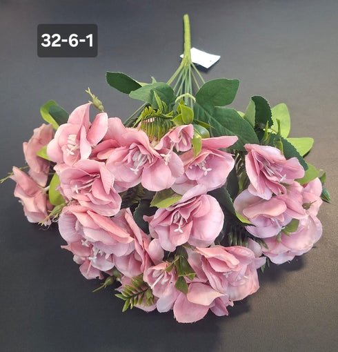 Buchet Artificial Tip Camelii Roz cu Frunze Verzi - 25cm