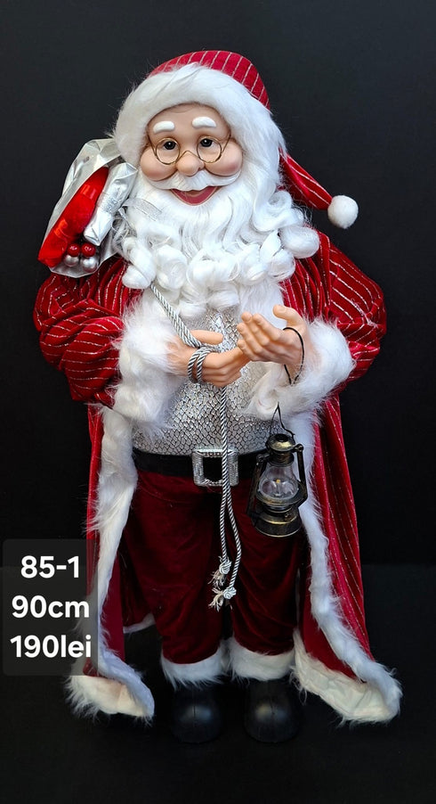 Moș Crăciun decorativ, costum roșu cu argintiu, sac și felinar - 90cm