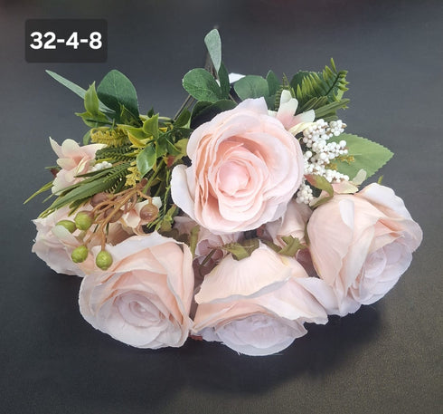 Buchet 7 trandafiri roz pal artificiali – 49cm, tije sârmă, material textil