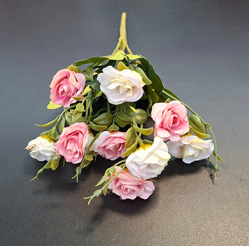 Buchet 10 trandafiri artificiali ivory cu roz – flori decorative, 33cm