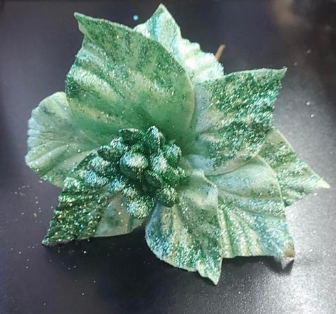 Flori Crăciun verde cu sclipici – model brumat 10/set