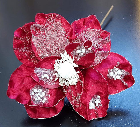 Flori Crăciun roșu burgund cu perle – decor elegant 10/set