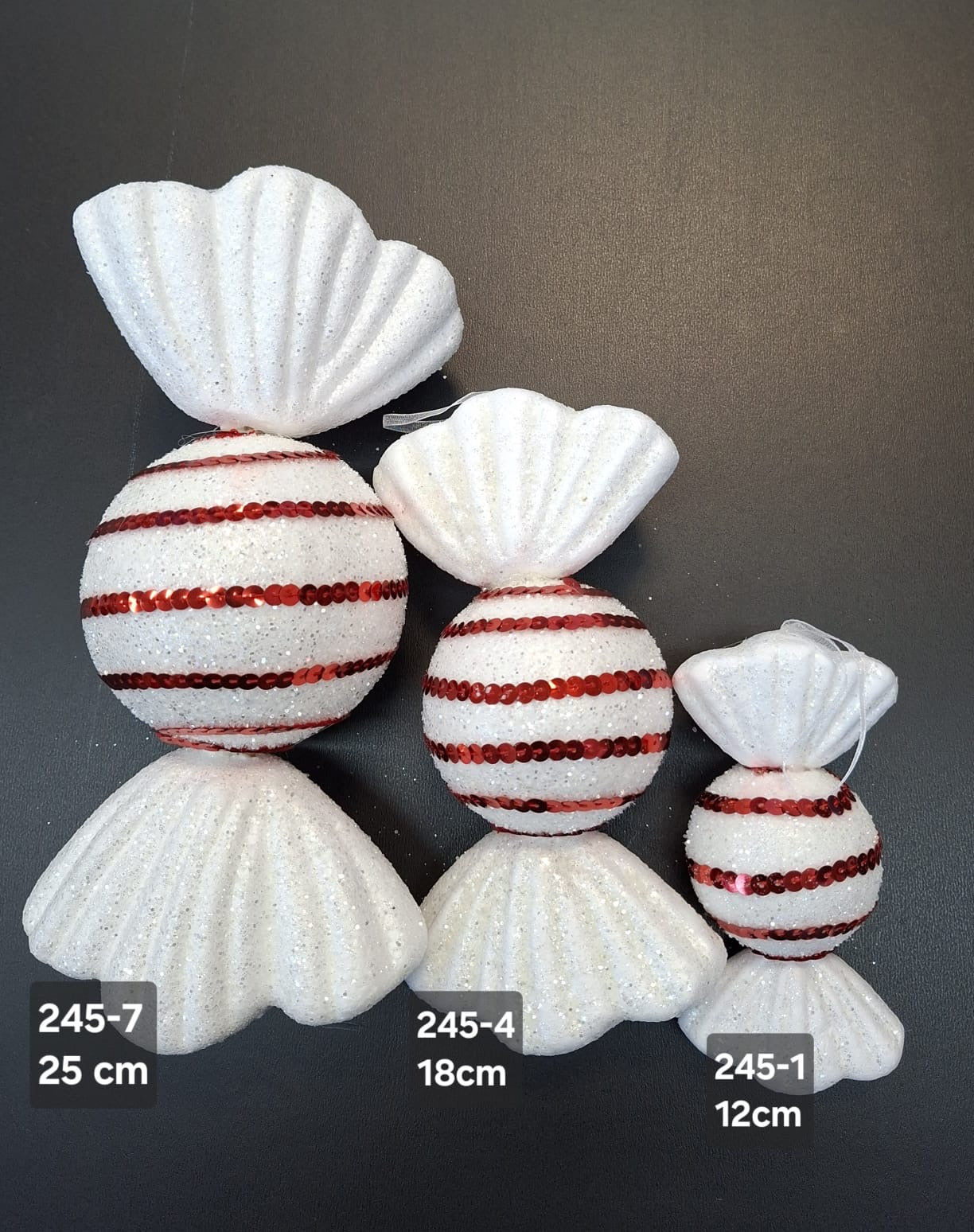 Figurine de brad bomboană alb-roșu cu sclipici – (25cm/18cm/12cm) 10/set