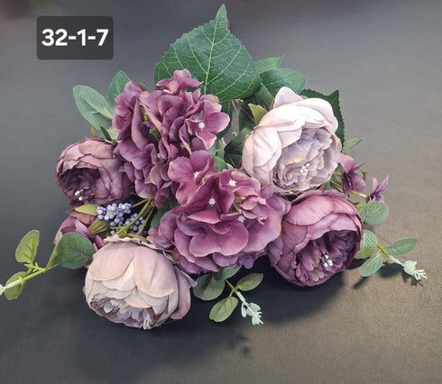 Buchet cu Bujori și Hortensii Mov Pudrat 49cm – Flori Artificiale din Material Textil
