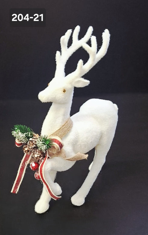 Figurină Ren de Crăciun Decorativ, Alb cu Fundă și Conuri - 20x32cm