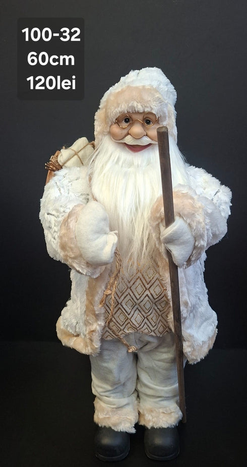 Moș Crăciun decorativ, costum alb cu auriu, sac și toiag - 60 cm