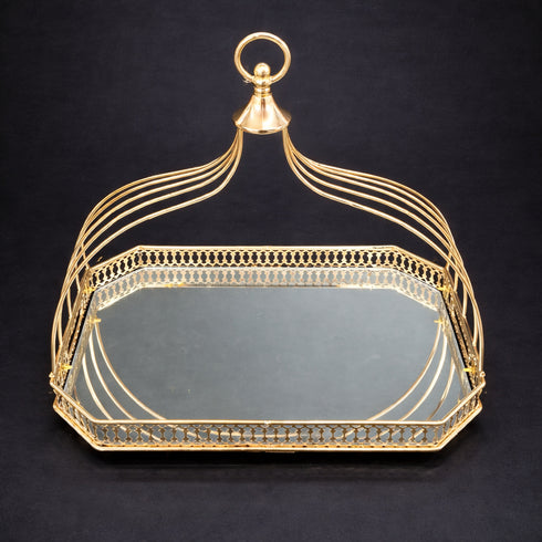 Tavă decorativă aurie cu oglindă și mâner elegant - 35x25cm