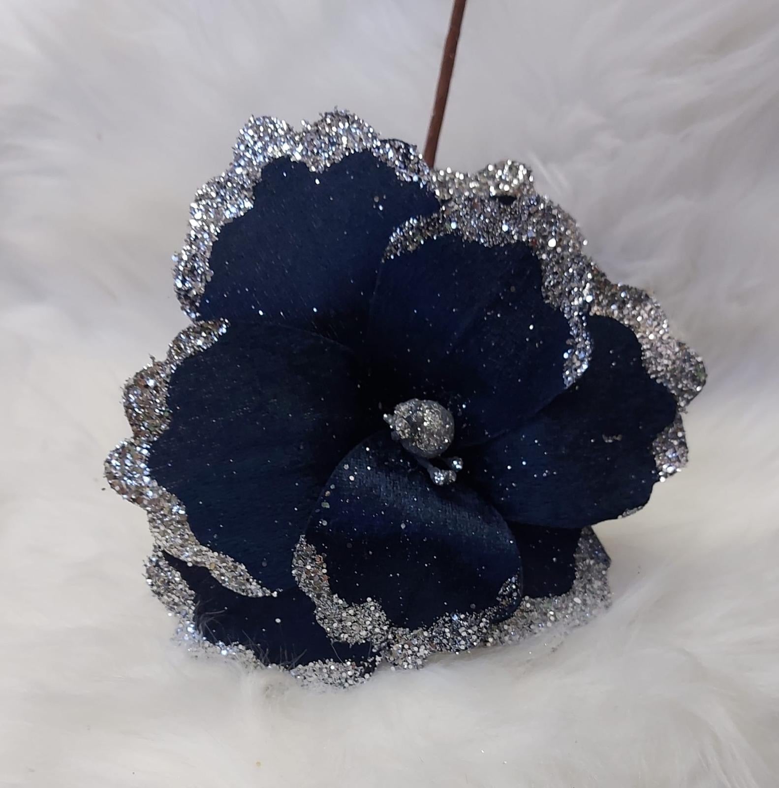 Flori Crăciun bleumarin cu margine argintie 10/set