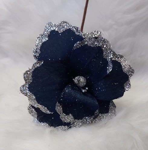 Flori Crăciun bleumarin cu margine argintie 10/set
