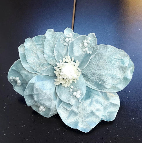 Flori Crăciun bleu cu perle – flori decorative elegante 10/set