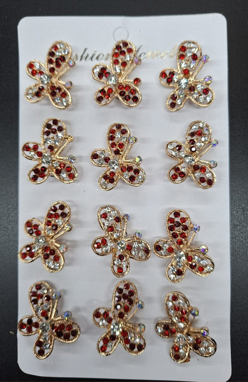 Broșe Aurii Fluture cu Strasuri Roșii și Cristal - 12/set