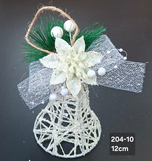 Clopoțel decorativ Crăciun alb cu floare și perlute - 12cm 5/set