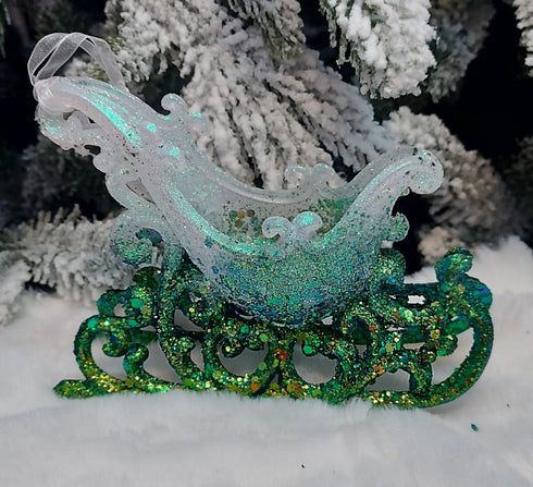 Săniuțe decorative verde cu sclipici – set 10 bucăți