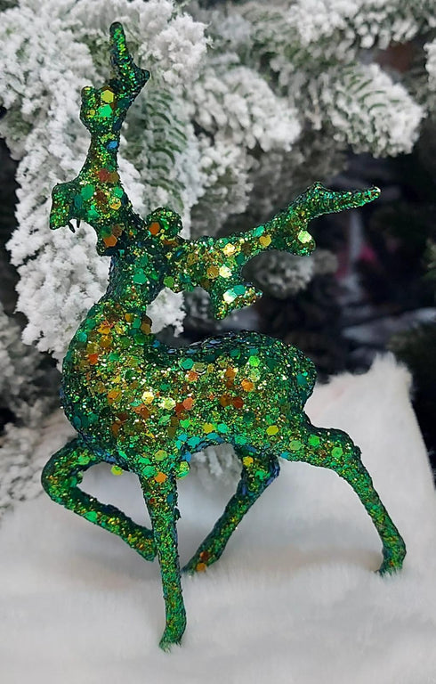 Reni decorativi verde cu sclipici – set 10 bucăți