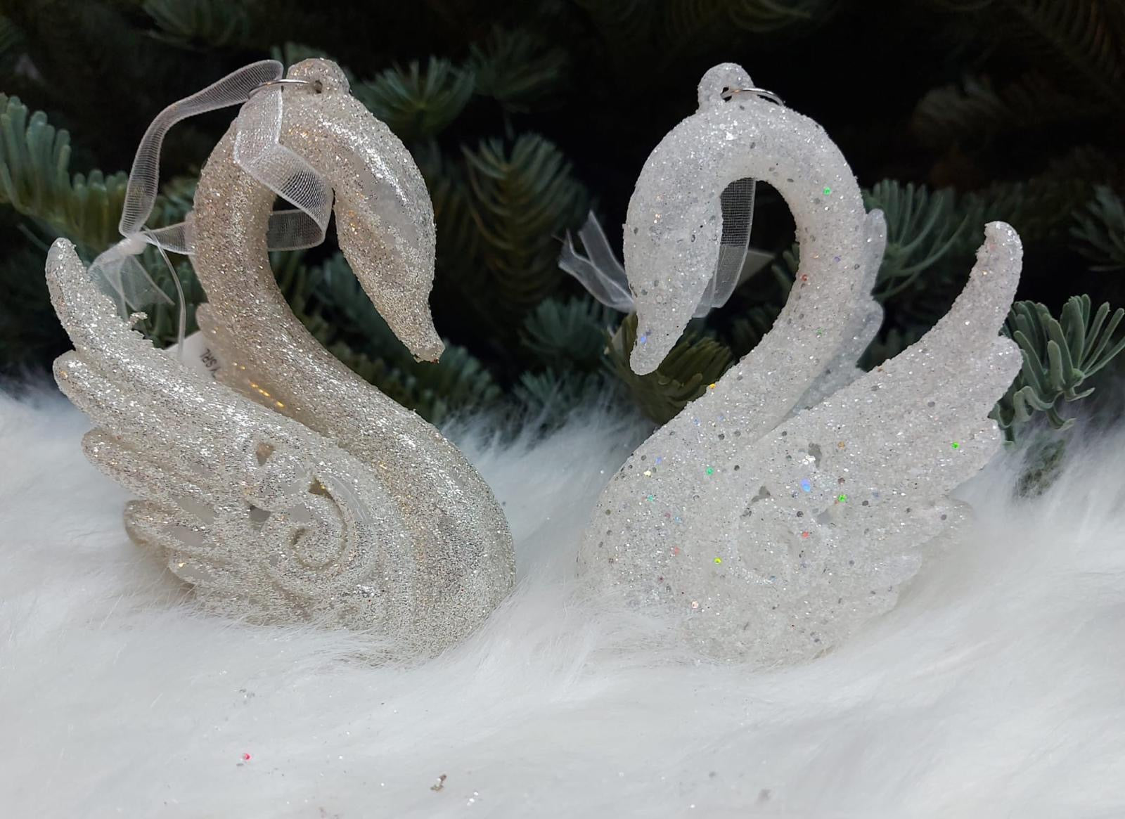 Set 12 ornamente de Crăciun în formă de lebădă, cu sclipici – Șampanie sau Alb Irizat - 8cm