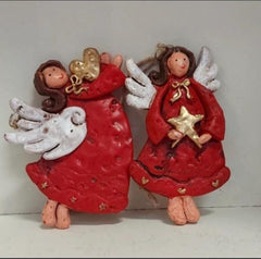 Set 2 figurine ingerasi de iarnă rosii, decor ceramic Crăciun - 9cm