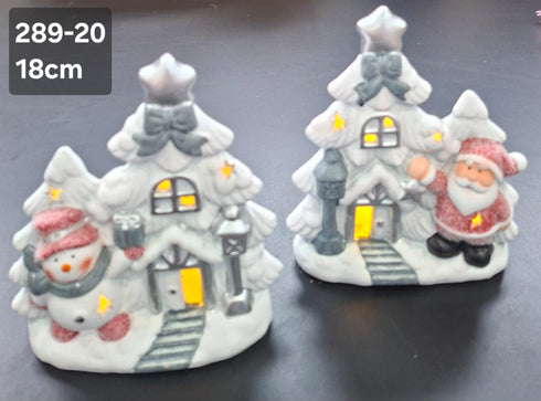 Decor ceramic Crăciun brad luminos cu Moș Crăciun si Om de Zăpadă - 18cm 2/set