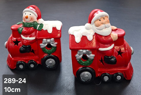 Set 2 Trenulețe roșii decor ceramic Crăciun cu Moș Crăciun sau Om de Zăpadă - 10cm