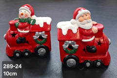 Set 2 Trenulețe roșii decor ceramic Crăciun cu Moș Crăciun sau Om de Zăpadă - 10cm