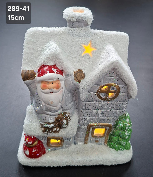 Căsuță luminoasă decor ceramic Crăciun decor ceramic gri cu Moș Crăciun - 15cm