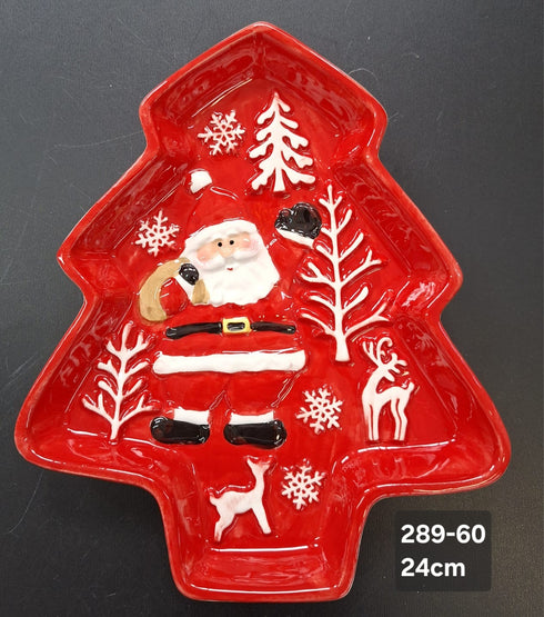 Platou decor ceramic Crăciun formă brad Moș Crăciun - 24cm