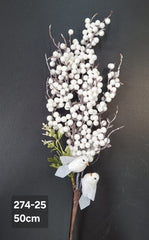 Crenguță artificială de Crăciun cu bobițe albe și păsărele – 50cm 10/set