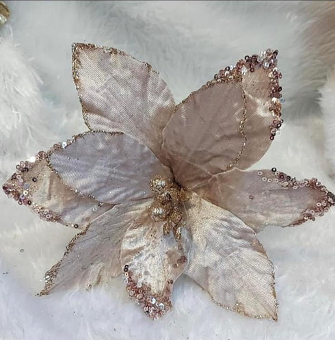 Flori Crăciun bej-auriu cu paiete – decor lux de iarnă 10/set