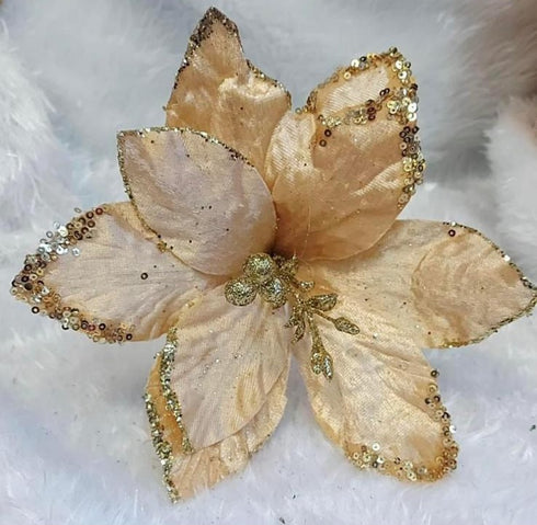 Flori Crăciun aurii cu paiete – decor lux de Crăciun 10/set