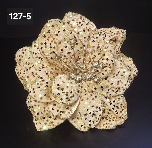 Floare decorativă de Crăciun champagne cu paiete aurii – Ø 28cm, tijă 40cm