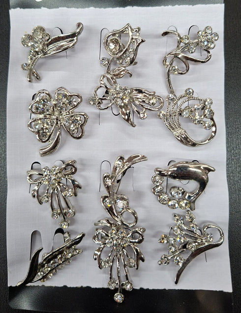 Broșe Argintii cu strasuri – Modele Florale și Abstracte Elegante - 12/SET