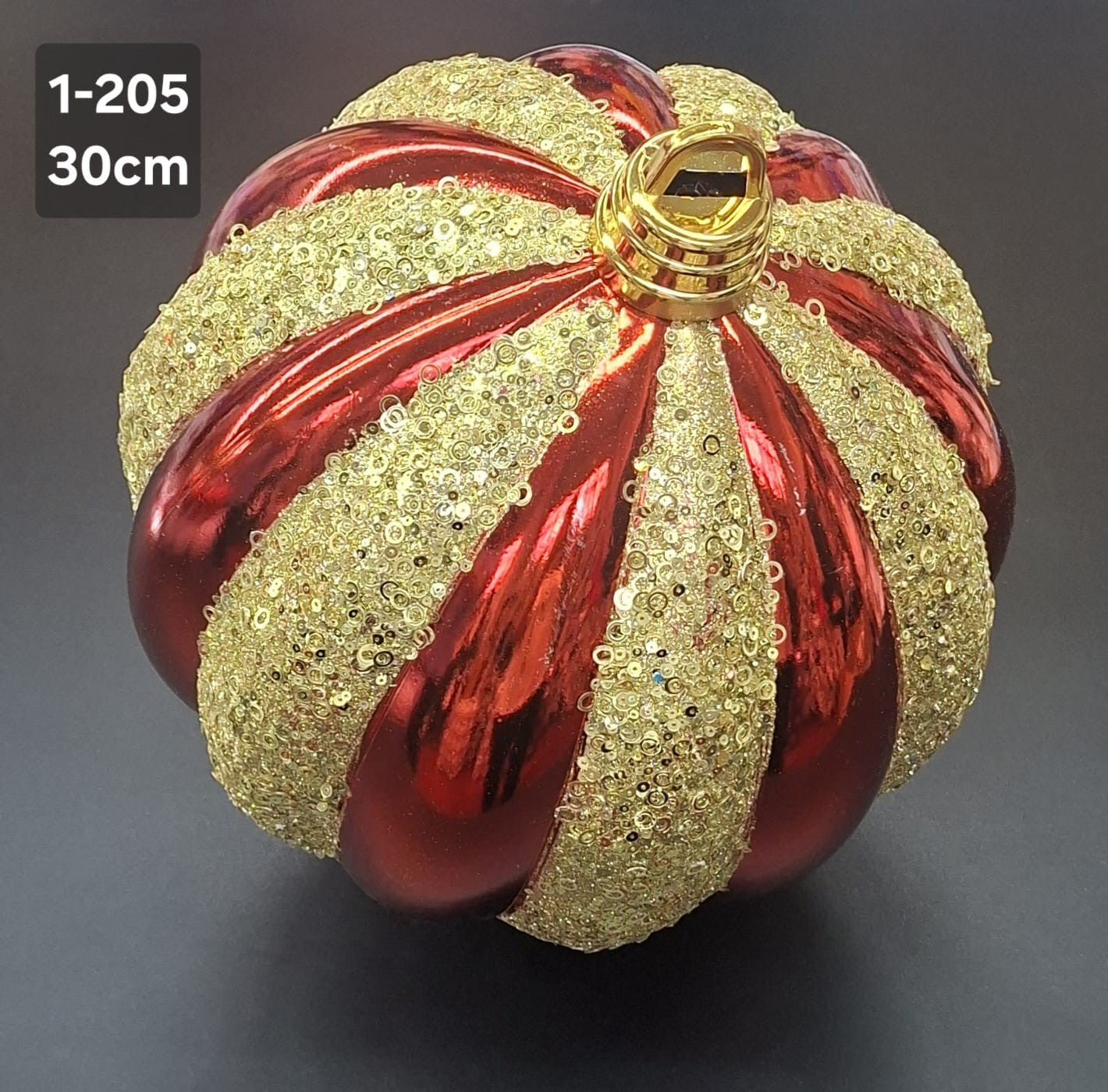 Glob de Crăciun Uriaș, Roșu Lucios cu Dungi Aurii, Sclipici și Paiete - 30cm