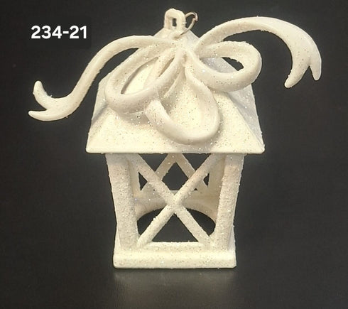Set 12 Ornamente de Crăciun Felinar Alb cu Sclipici – 7x16cm