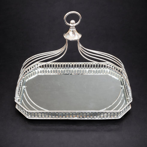 Tavă decorativă argintie cu oglindă și mâner elegant - 35x25cm