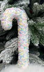 Baston decorativ Crăciun alb cu mărgele pastel – 18cm 10/set