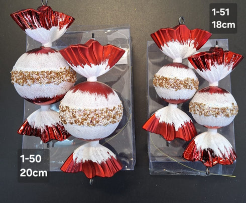 Set 2 Decorațiuni Crăciun Bomboană Roșie cu Alb și Auriu - 20cm/18cm
