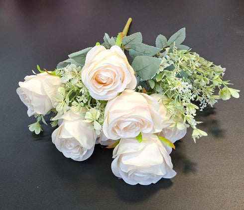 Buchet artificial 7 trandafiri crem-bej, flori mari - decor elegant, 49cm