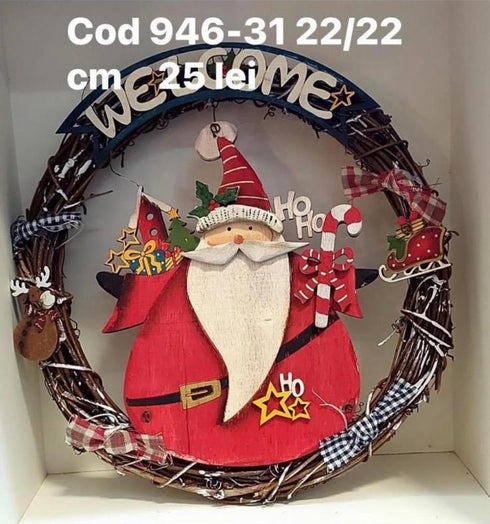 Coroniță decorativă din lemn – Welcome Moș Crăciun 22cm