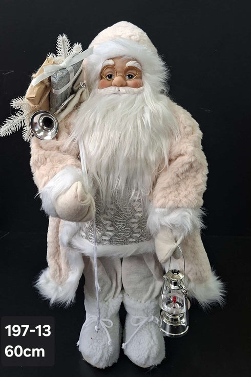 Figurină decorativă Moș Crăciun alb cu lampă și cadouri - 60cm