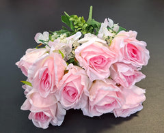 Buchet 11 trandafiri roz pal artificiali – 48cm, tije sârmă, material textil