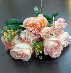 Buchet 5 trandafiri roz pal artificiali – 45cm, tije sârmă, material textil