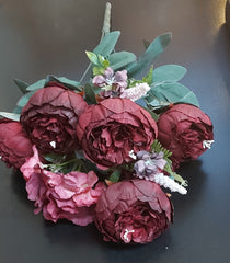 Buchet cu Bujori Visiniu Inchis 49cm – Flori Artificiale din Material Textil