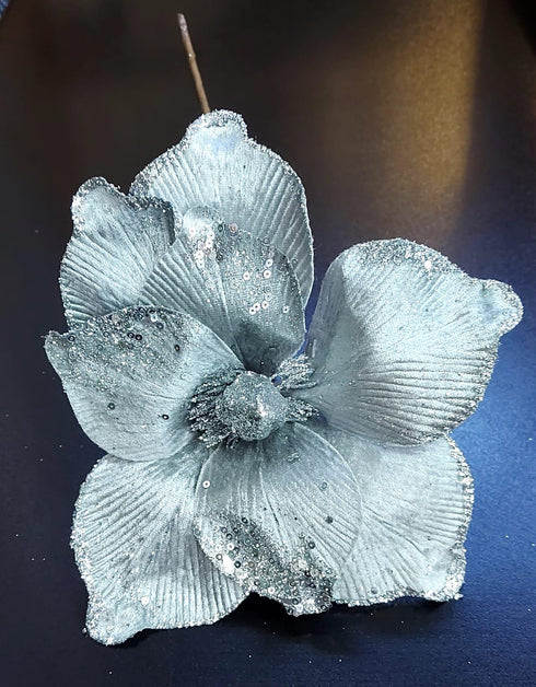 Set 10 flori decorative Crăciun argintii cu sclipici și paiete 10/set