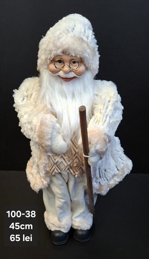 Moș Crăciun decorativ, costum alb-crem cu toiag - 45cm