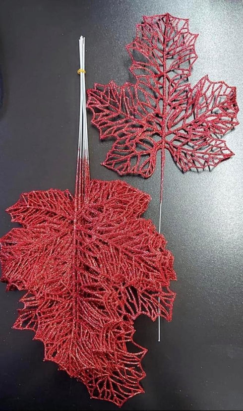 Frunze decorative roșii – model viță/arțar cu sclipici - 12 buc/set