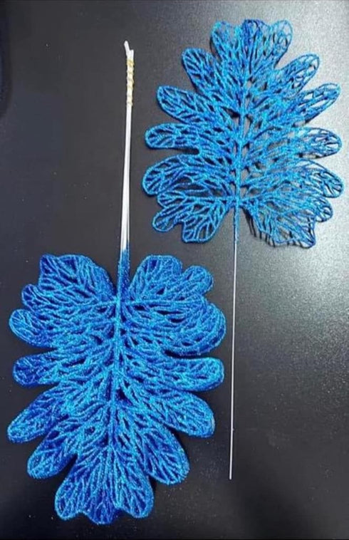 Frunze decorative albastru închis – model lat sclipici - 12 buc/set