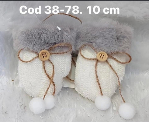 Set ornament Crăciun mănuși albe tricotate cu blăniță gri – 10cm